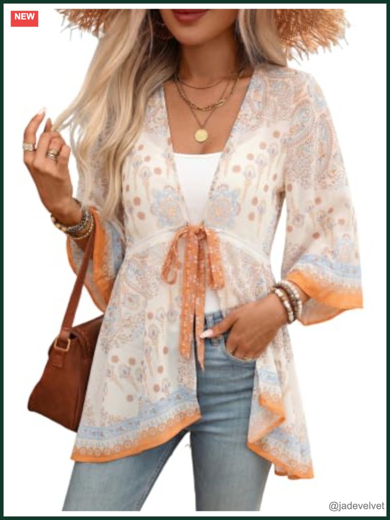 Lightweight Floral Kimono Cardigan Swimsuit Cover Up 3/4 Sleeve